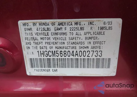 2004 Honda Accord 2.4 Ex from USA, damaged, VIN 1HGCM56804A002733